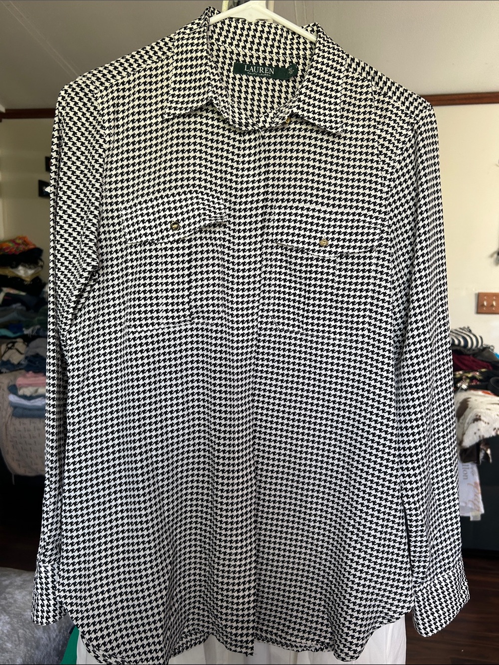 Lauren Ralph Lauren Black and White Houndstooth Button-Down Shirt